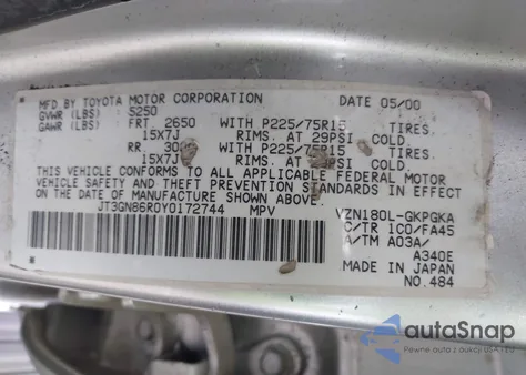 2000 Toyota 4Runner Sr5 V6 z USA, uszkodzony, nr VIN JT3GN86R0Y0172744